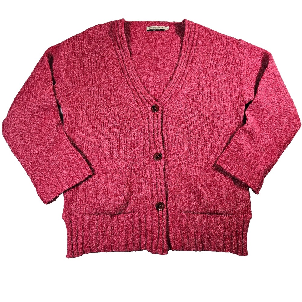 Chiaramente Italy Pink Wool Blend Chunky Knit Button Front Cardigan Sweater Sz M